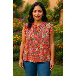 Chenault Women’s 1X Paisley Floral Ruffle Sleeve Tie Neck Blouse Bright...